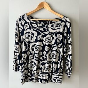 Lucky Brand Black Floral Blouse Size Medium 3/4 Sleeve Stretch Knit -Moody Chic